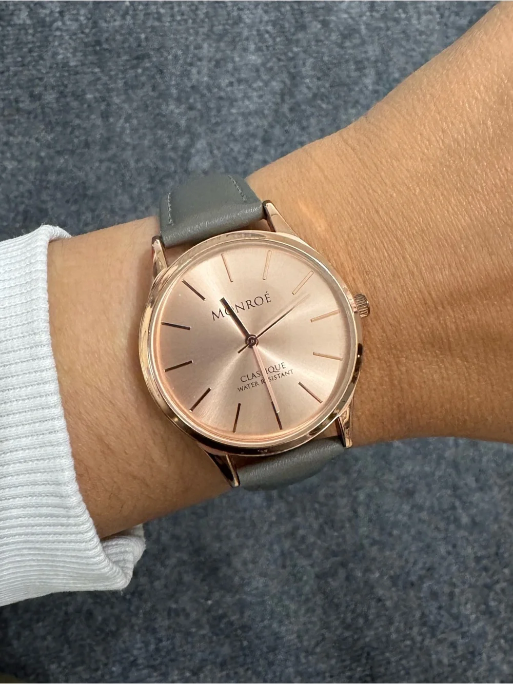 Monroe‎ By Maestro Classique Rose Gold Tone Round Case Gray Leather Band Watch